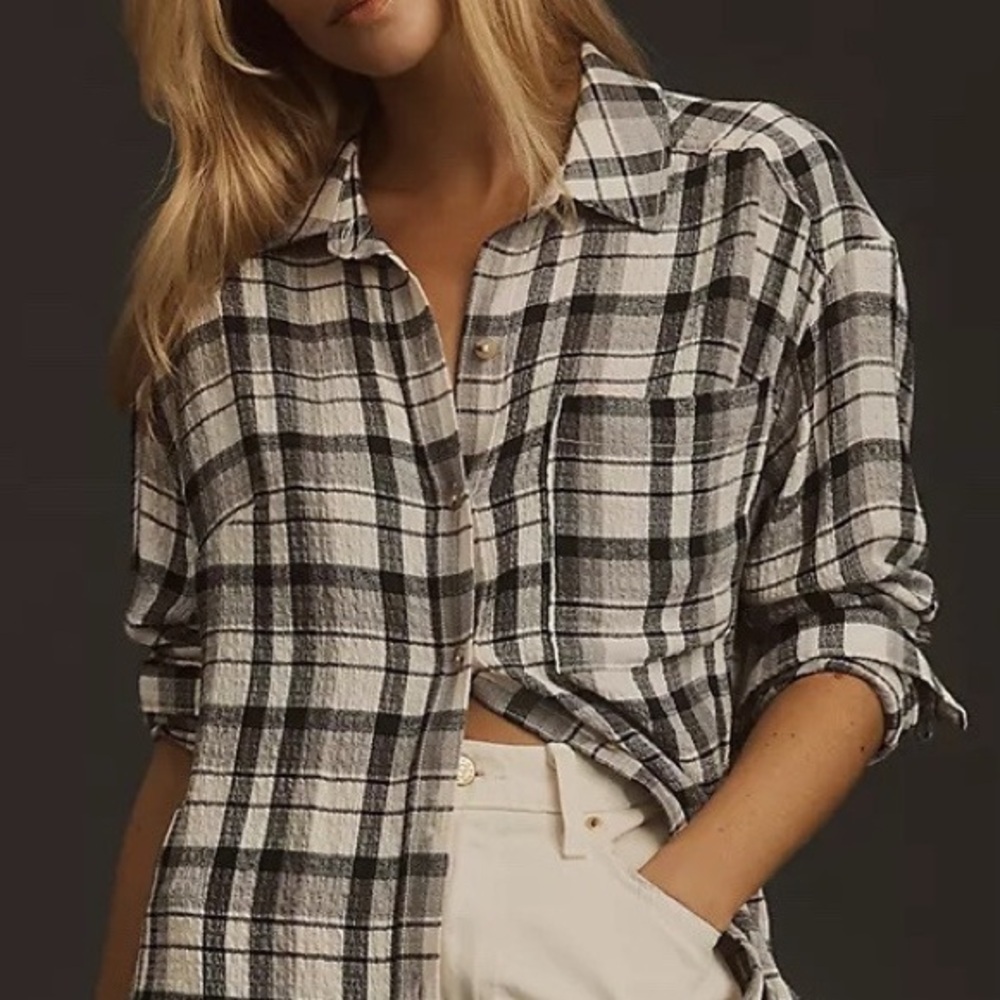 Pilcro x Anthropologie Relaxed Textured Button down shirts Black White Top Sz S